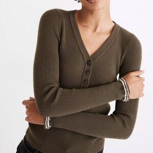 Madewell Olive Ruffle-Cuff Ribbed Henley V-Neck Sweater S NWT